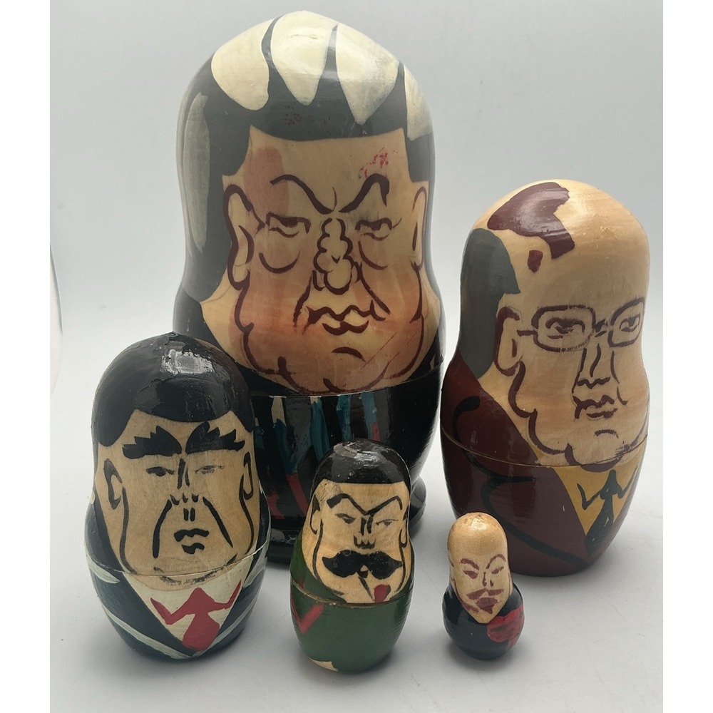 Vtg. 5-Piece Russian Political Matryoshka Nesting Dolls-Hand Painted (see Desc)
